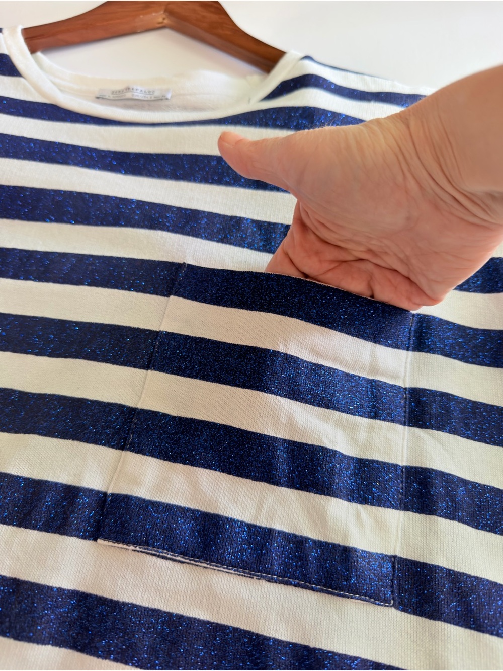 Zara Trafaluc Metallic Navy Blue & White Striped Oversized Pocket Tee - Picture 12 of 14